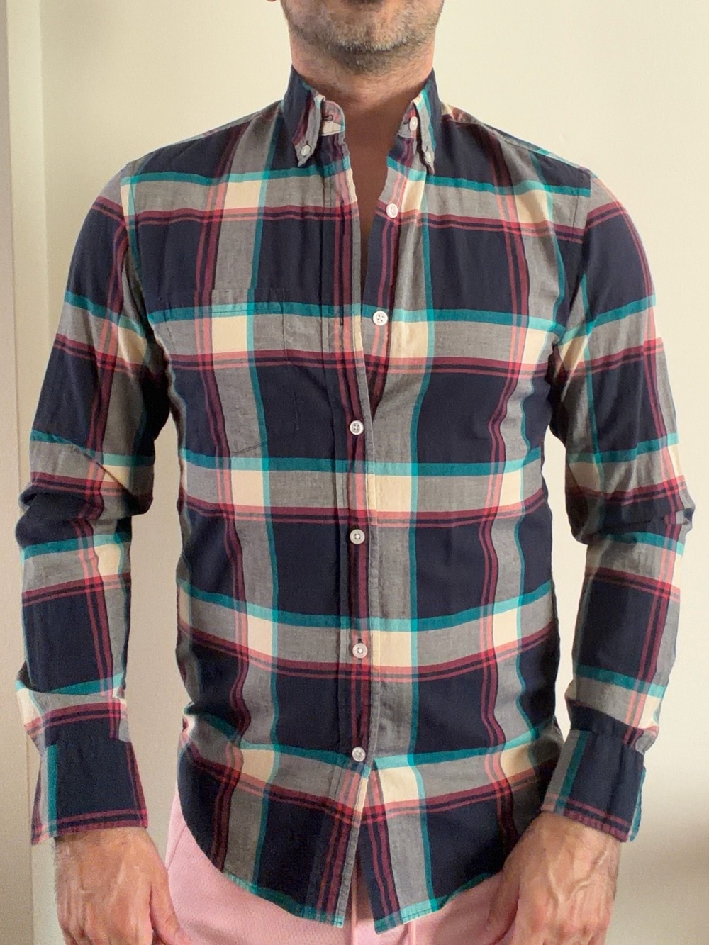 J. Crew Navy Plaid Button-Down Shirt with Teal and Cream Accents